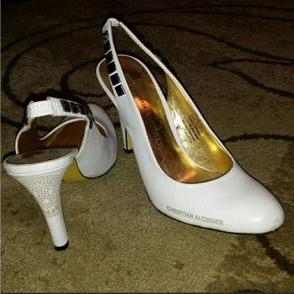 Vintage Christian Audigier white leather rhinestone heels shoes - Picture 2 of 4